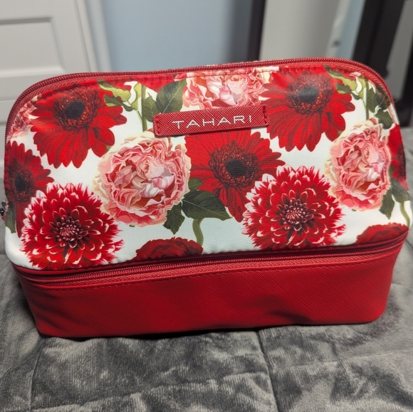 Tahari Handbags - Tahari Red and White Floral Cosmetic Bag - Dome Traveller in Bouquet Rouge